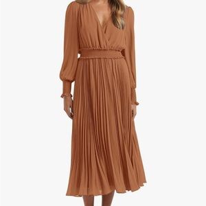 Chic Tan Long Sleeve Pleated Dress